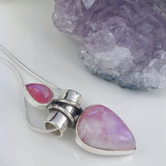Blue Flash Pink Moonstone Pendant Boho Vintage Style Sterling Silver 925 - Picture 4 of 9